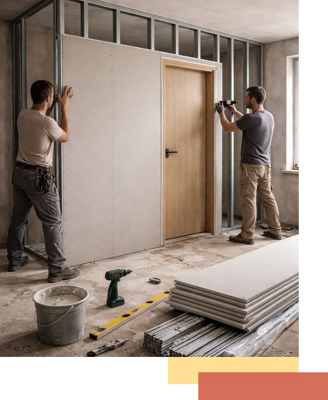 Перегородка из гипсокартона с дверью под ключ в Тольятти