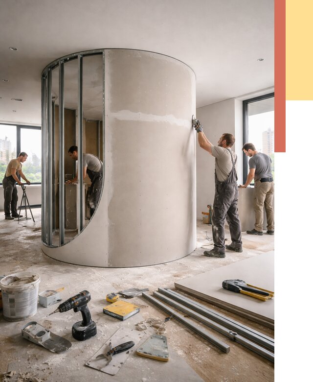 Радиусная перегородка из гипсокартона в Тольятти от 2999 руб. под ключ | ОТДЕЛОЧНИК-Тля