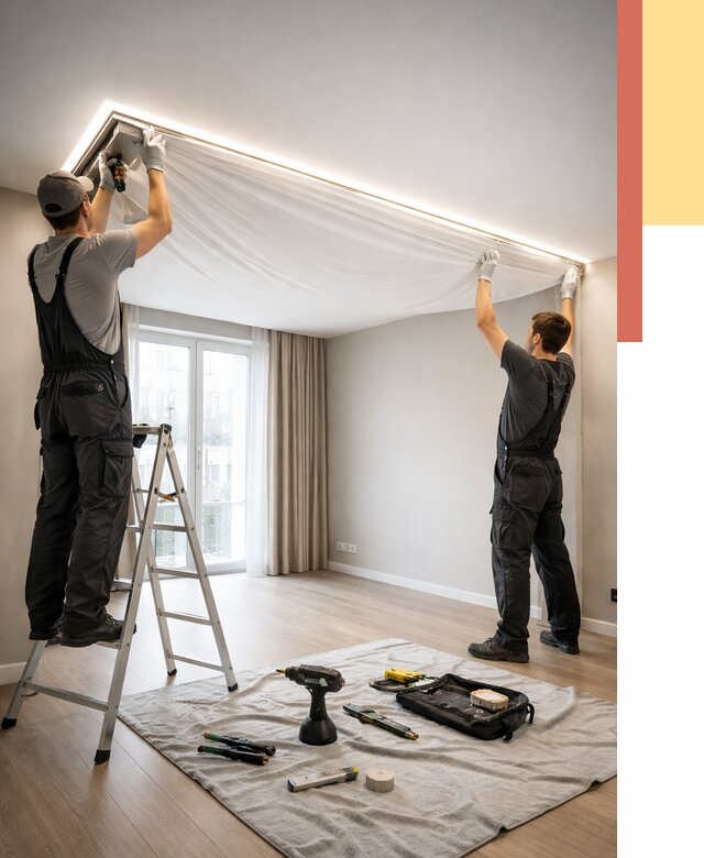 Монтаж парящего натяжного потолка в Тольятти от 4654 руб. быстро и недорого | ОТДЕЛОЧНИК-Тля